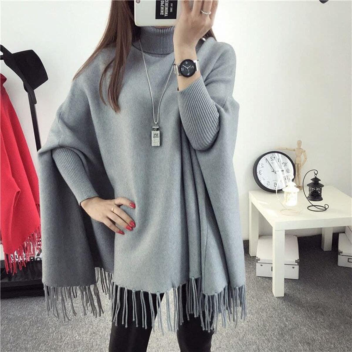 Plain Fleece Stylish Ponchou For Women GREY